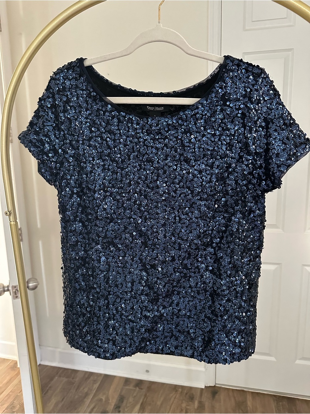 White House Black Market Navy Sequin Short Sleeve Top